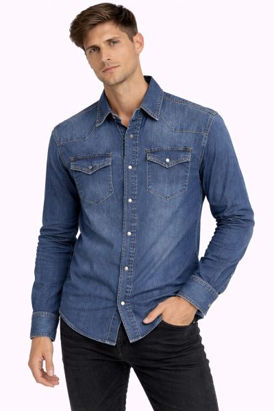 Ανδρικό Πουκάμισο Τζίν CA690 Μπλέ