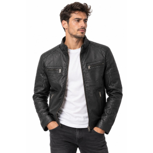 Ανδρικό Μαύρο Biker Jacket Δερματίνης JG398 Μαύρο