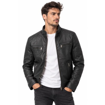 Ανδρικό Μαύρο Biker Jacket Δερματίνης JG398 Μαύρο