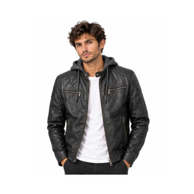 Ανδρικό Μαύρο Biker Jacket Δερματίνης με Κουκούλα ART-9760-1